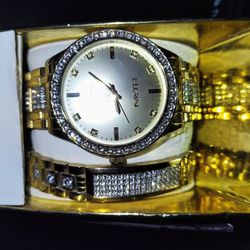 Elgin Mens Gold Watch & Bracelet 