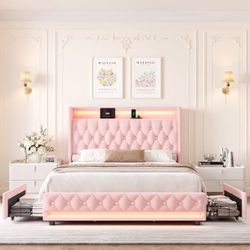 Full Size LED Bed Frame with 2 Storage Drawers & Charge Station, Modern Wingback Upholstered Platform Bed Frame, Pink Velvet