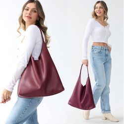 Hoxis Soft Vegan Leather Hobo Slouchy Shoulder Bag in Dark Red/Burgundy