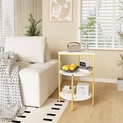 Marble Side End Table, 3-Tier Sofa Side Table,Small Round Coffee Table Bedside Table, Corner Table w/Metal Frame for Living Room Bedroom, White+Gold