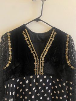 Black Velvet Gold Embroidered Polka Dot Dress