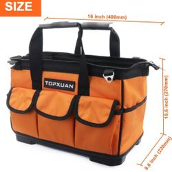 Tool Bag 16 Inch Molded Plastic Base Heavy Duty Waterproof Orange Tool Organizer Wide Mouth With Shoulder Strap for Power Tools and Hand Tools Oxford 
