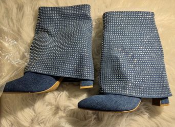Denim Rhinestone Fold-Over Boots
