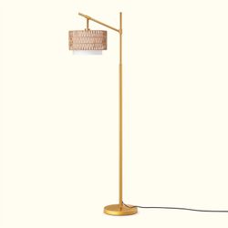 Farmhouse Rattan Arc Floor Lamp with Dual Shades & Remote - Dimmable LED Bulb Included