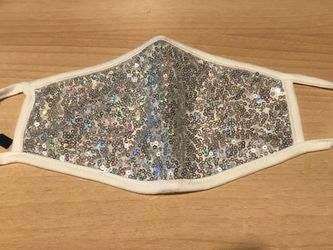 BRAND NEW WHITE / SILVER SEQUIN FASHION FACE COVER REGULAR OR PARTY WEAR VERY COMFORTABLE AND LOOKS VERY ELEGANT . HAND WASHABLE AND REUSABLE