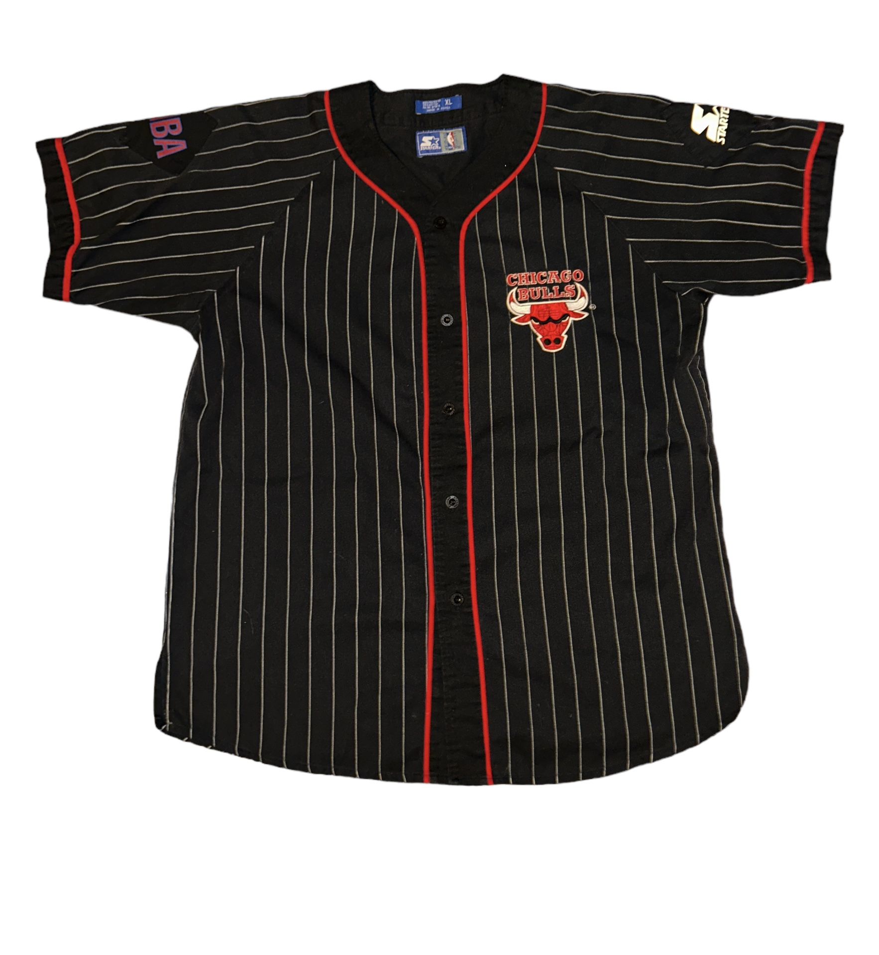 Vintage Starter Chicago Bulls Black Pinstriped Embroidered Baseball Jersey Large