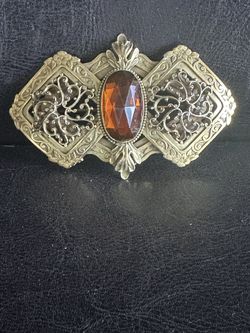 Antique Filigree Designed Bezel Set Amber colored Faceted Crystal-Glass Brooch Art Deco 1920s.