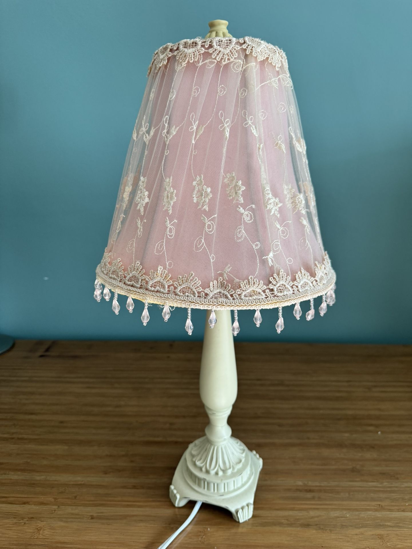 Table Lamp Pink Lace Shade with Beaded Trim β Excellent Condition