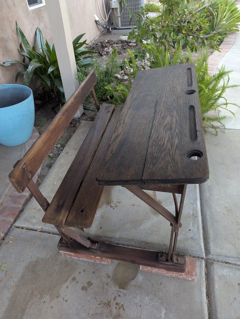 Antique, Genuine, Inkwell Wooden Oak Double School