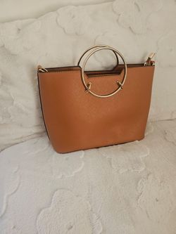Tan Structured Tote Bag with Gold Ring Handles