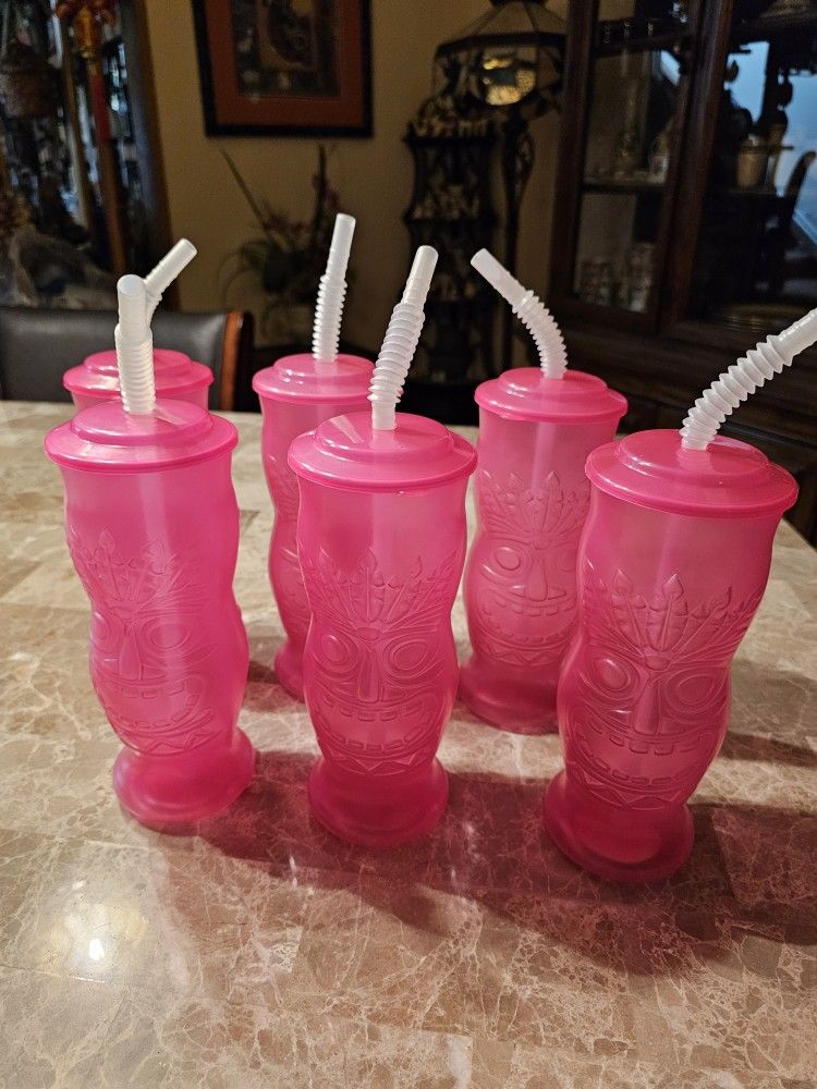 Set Of 6 Pink Plastic Tiki Bottles