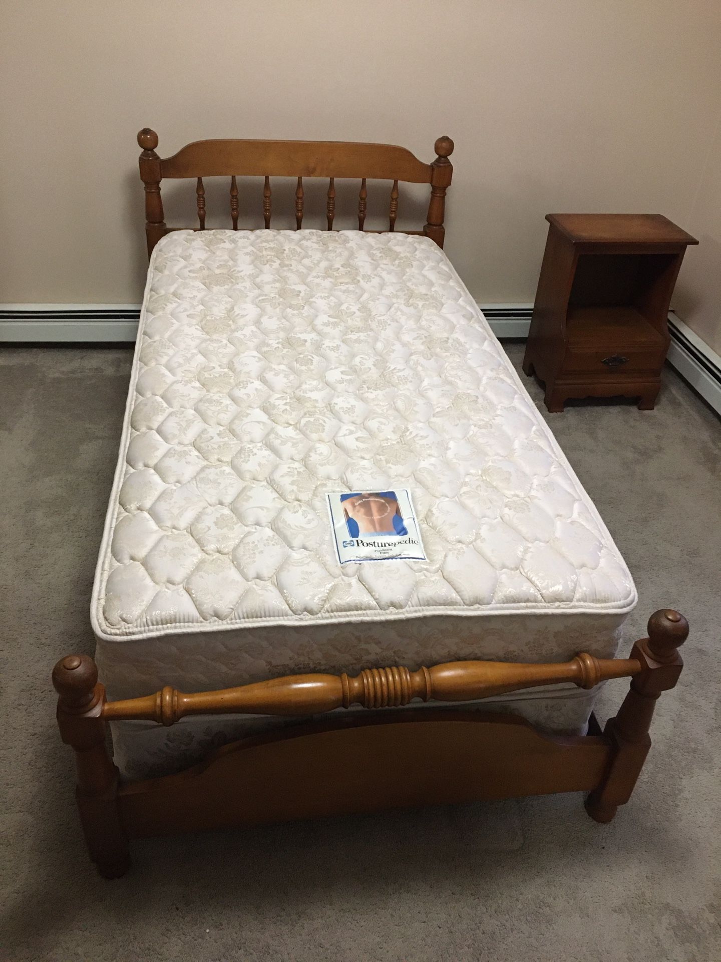 Twin Bed, Mattress, Box Spring, and Bedside Table