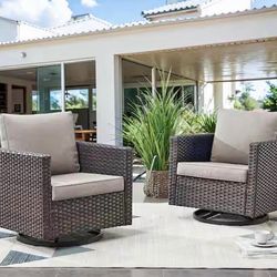 2-Piece Brown Wicker Patio Swivel Outdoor Rocking Chair Set with Gray Cushions.   retail price $359 our price $200  we have 2 sets each set come with 