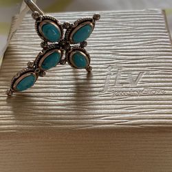 Turquoise Rhodium Over Silver Cross Ring   