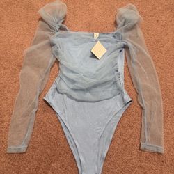 New Small Blue Stretchy Poof Sleeve Top Blouse Bodysuit Lingerie 