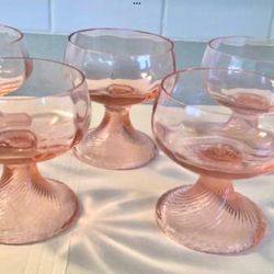 Vtg. 1930s Set of 5 Light Pink Champagne Coupe Sherbet Glasses Swirl Pattern