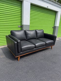 Mid Century Modern Black Top Grain Leather Sofa Couch - Rooms To Go