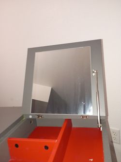 Gray Vanity with red interior + flip mirror