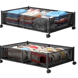 Under Bed Storage with Wheels, Foldable Metal Mesh Underbed Storage Container Bins, Tool-free Assembly Clothes Drawer Organizer,2Pack