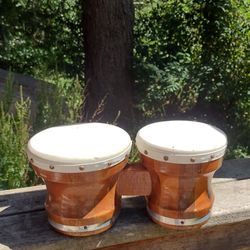 BONGOS VINTAGE TACKED HEAD NATURAL WOOD FROM MEXICO