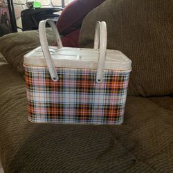 Vintage Mid-Century Tin GSW Plaid Picnic Basket Metal Handles