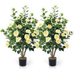 Artificial Camellia Tree 2 Pack 42" Faux Camellia Plant in Pot with 32 Blooming Flowers Fake Flower Tree Greenery Potted Plant for Indoor Outdoor Offi