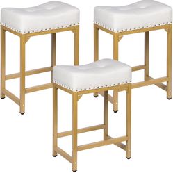 White & Gold Counter Height Bar Stools Set of 3, 24" Bar Stools for Kitchen Island, Modern Counter Stool Set of 3 Backless Saddle Barstools for Kitche