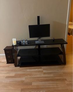 Black Glass 3-Tier TV Stand w/ PC monitor