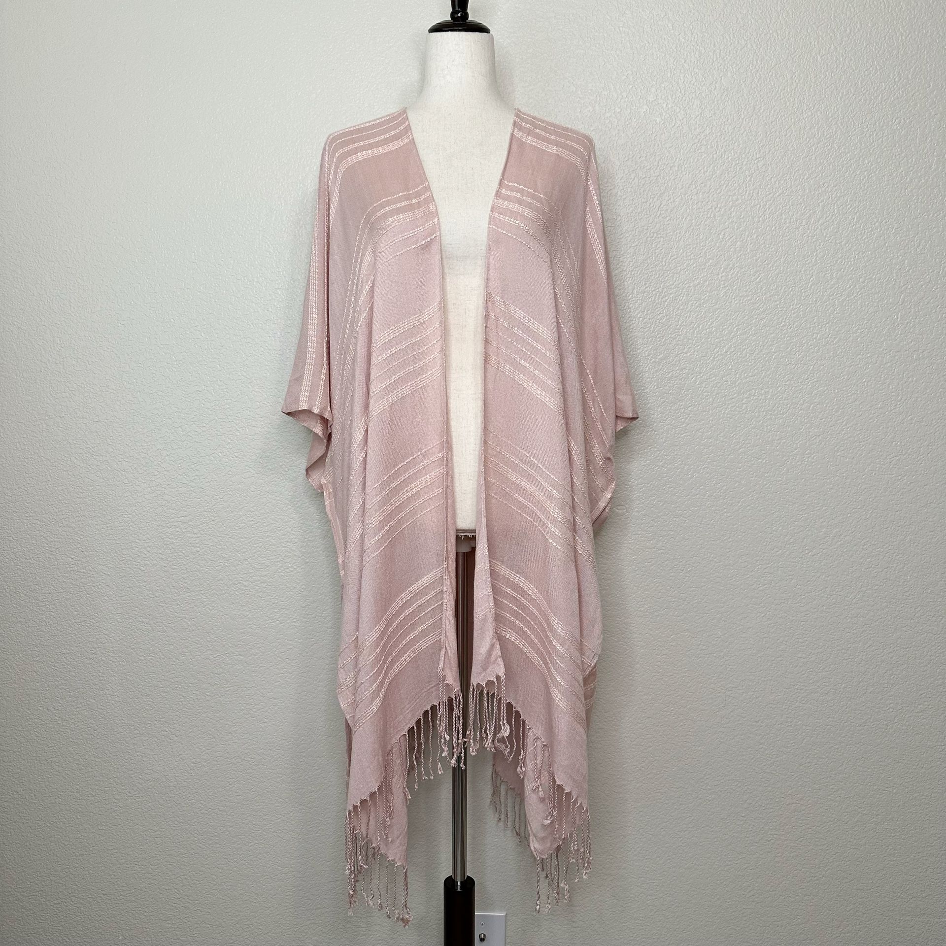 NWT a.n.a Woven Textured Peach Whip Wrap Kimono Coverup Fringe Cardigan