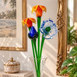 Vintage 4 Murano Italian Glass Hand Blown Art Glass Floral Bouquet Sculptural Flowers Fine Table Decor 