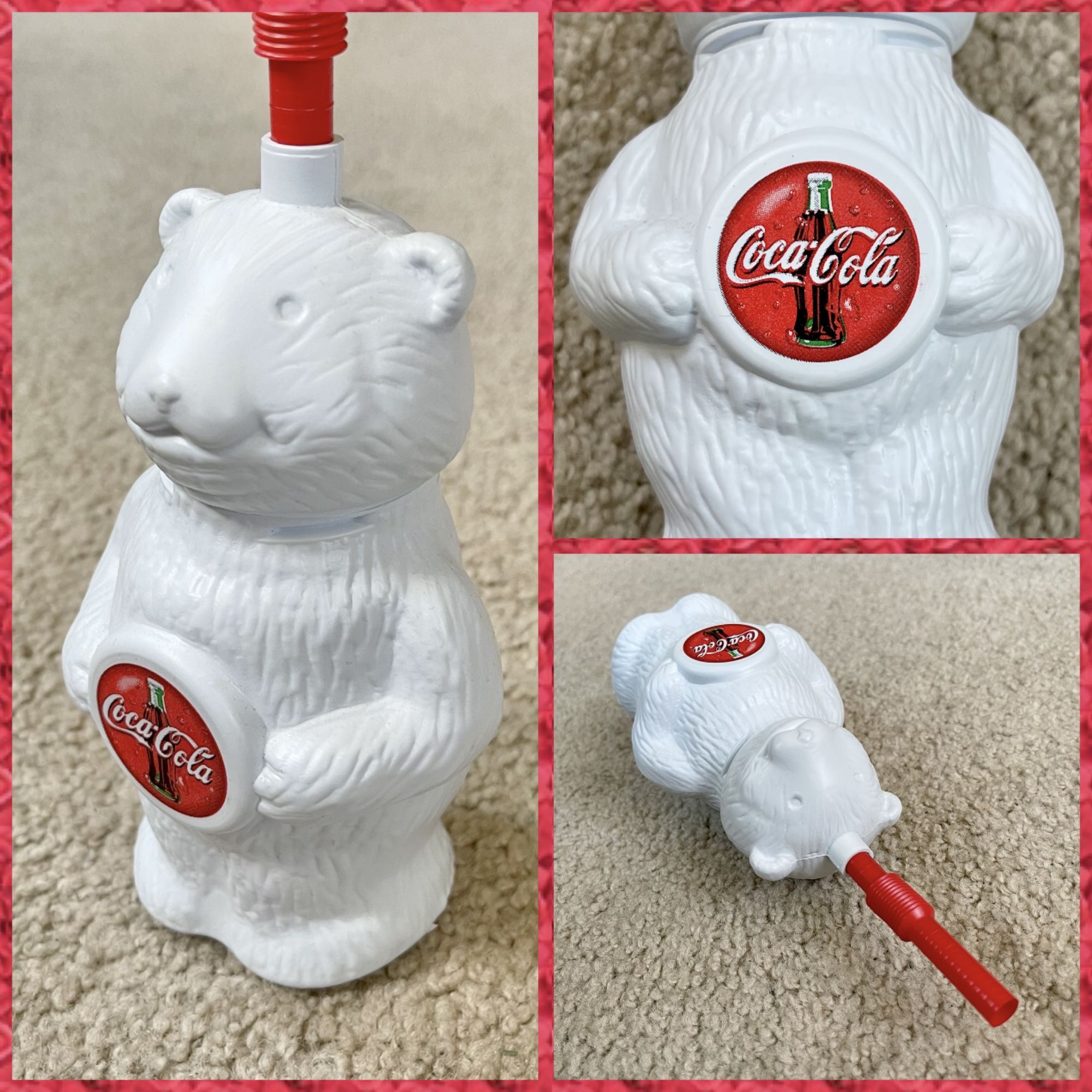Vintage 1990s COCA COLA Polar Bear Drinking Cup Container With Red Straw