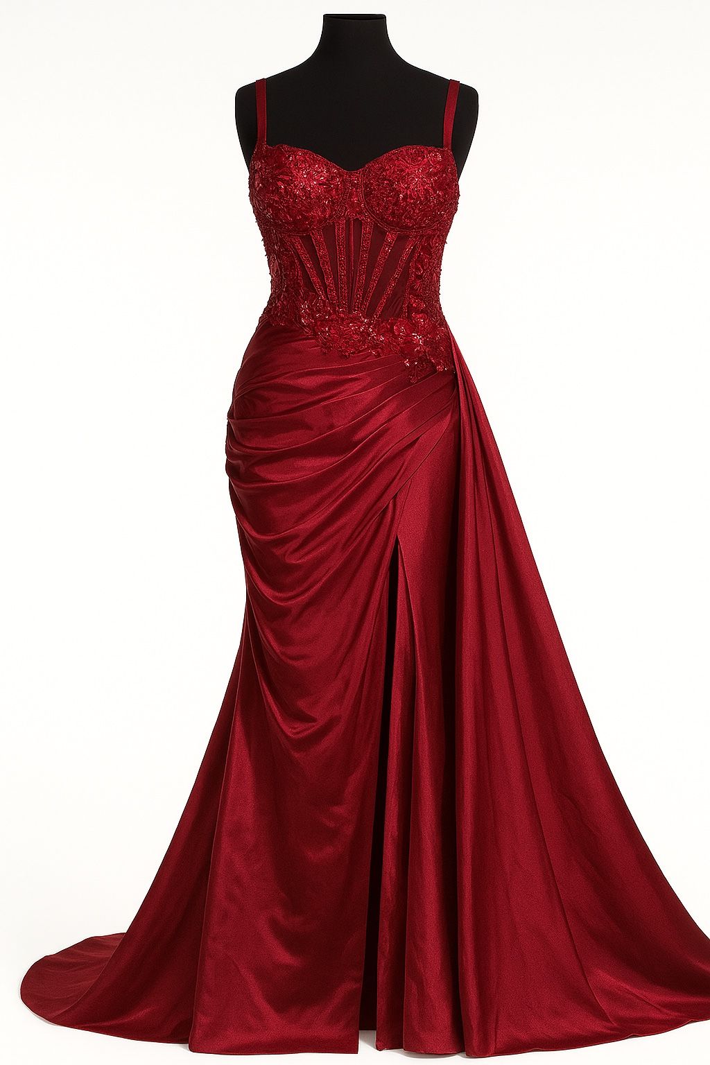 Elegant Burgundy Corset Evening Gown – 3D Lace Appliqué Dress with Draped Skirt and Train