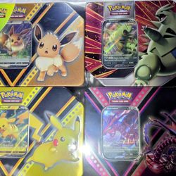 POKEMON TRADING CARDS TCG COSTCO 4 PACK TINS SET NIB SEALED PIKACHU TYRANITAR
