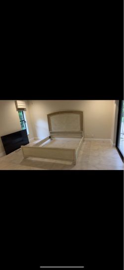 Cream Wood Bed Frame with Upholstered Headboard