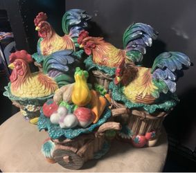 Fitz & Floyd Ceramic Rooster and Hen 5 piece canister set