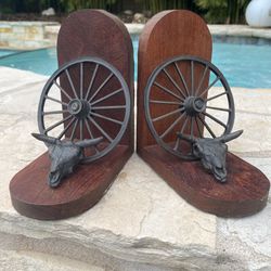 Vintage Western Bronze Cow Skull Wagon Wheel Bookends