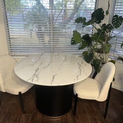 New Metal Base Table Faux Marble Top  2 Boucel Chairs 