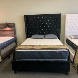 NEW QUEEN SIZE 6ft TALL BED WITH PROMOTIONAL MATTRESS AND BOXSPRING INCLUDING FREE DELIVERY