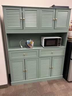 Kitchen Pantry Cabinet w/ Microwave Shelf in Green