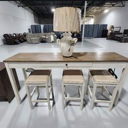 Skempton 4 Piece New Brand Whitewashed Height Dining Table And 3 Bar Stools🌟Fastest Delivery 🚚 Great Financing Options 👍