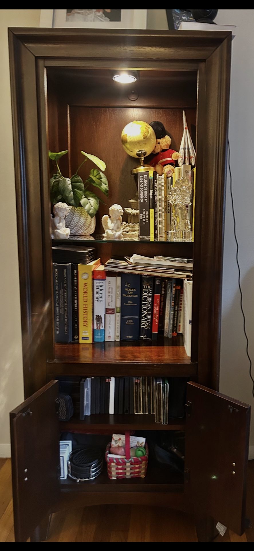 Walnut stereo, cd And Books Cabinet w/light