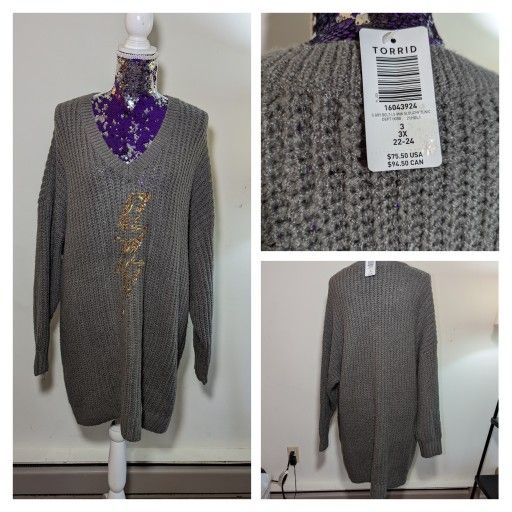 Torrid 3x Grey Tunic Sweater Beaded Bolt