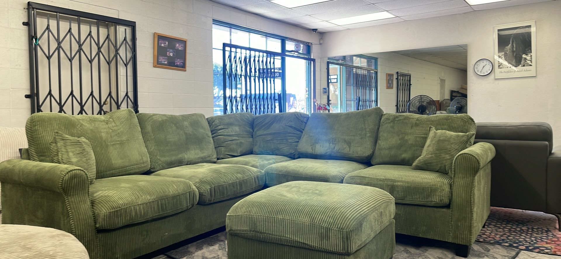 New 99x99 Sage Corduroy Sectional Couch With Ottoman. Free Delivery