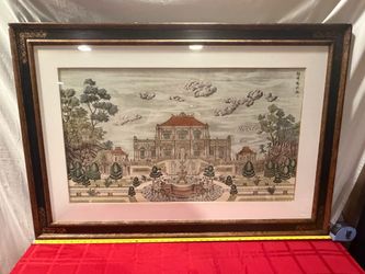 31.5”x46” framed historical copperplate engraving print depicting the Haiyantang (Hall of Calm Seas)