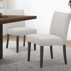 Set of Four Dinning Chairs , Dark Wood & Light Gray Fabric Cushion Seats