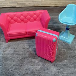 Barbie Doll Pink Luggage Suitcase Retractable Handle Travel Sofa Chair Furniture