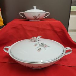 Beatiful Vintage Porcelain NORITAKE 50s/ 60s Salad & Sugar Bowl Platinium Trim Rose's Desing Japan/ Recipientes De Porcelana Para Ensaladas Y Azucar