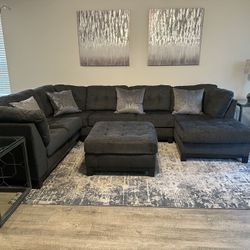 Ashley 3 Piece Blue Sectional with Chaise and Ottoman