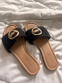 Coach Slide Sandals Black Woven Gold Buckle