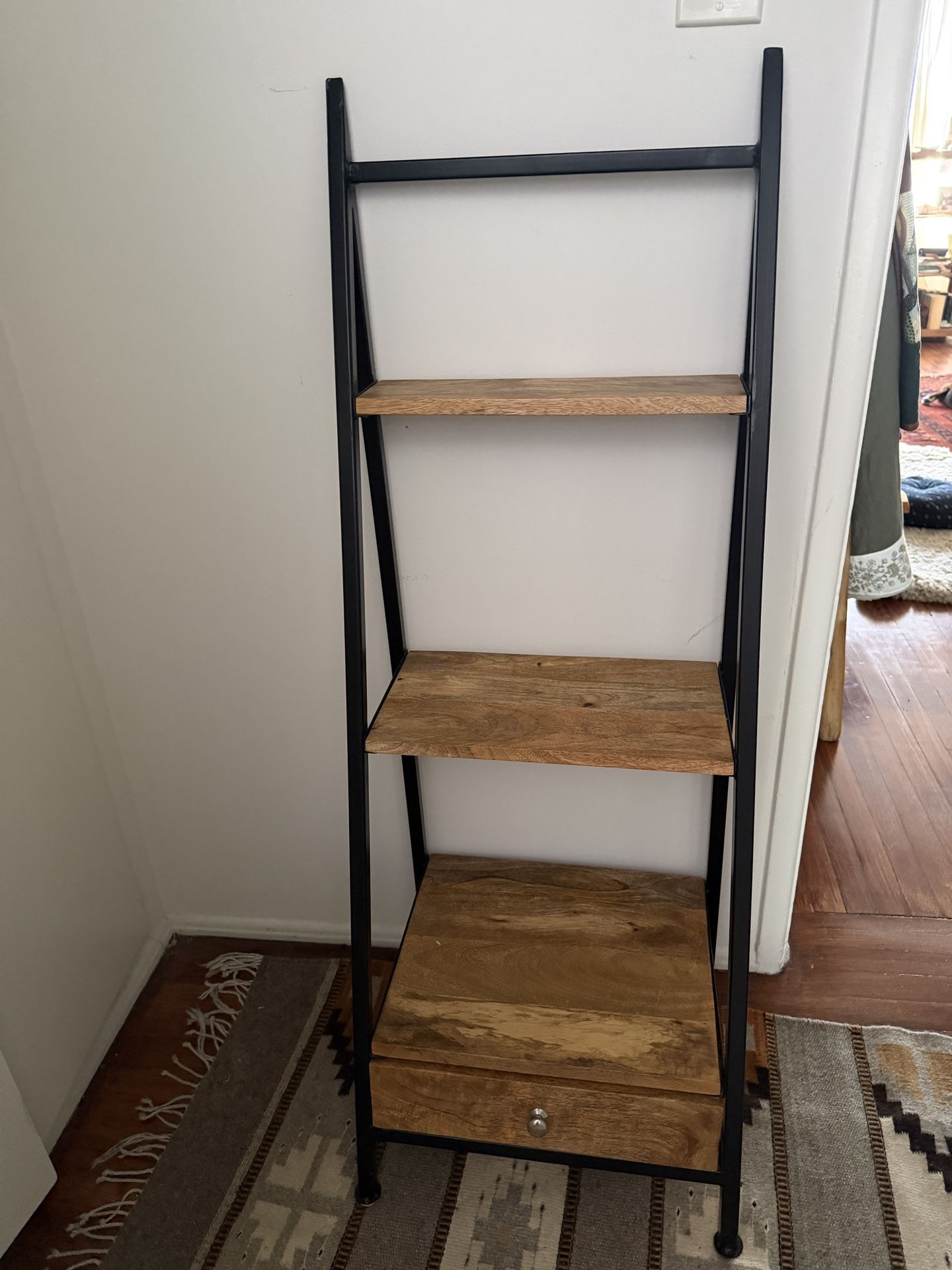 Rustic Wood & Metal Ladder Shelf with Drawer